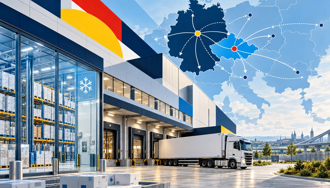 Modernistyczny magazyn farmaceutyczny GDP w Chebie z chłodnią, ciężarówką i trasami między Niemcami, Czechami i CEE Modernistyczny magazyn farmaceutyczny GDP w Chebie z chłodnią, ciężarówką i trasami między Niemcami, Czechami i CEE