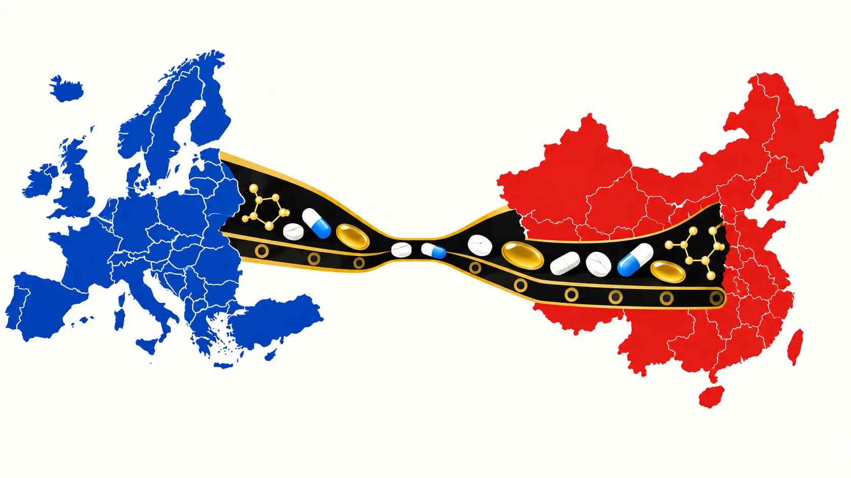 Map illustration of the vitamin supply chain from China to Europe with controlled storage Map illustration of the vitamin supply chain from China to Europe with controlled storage
